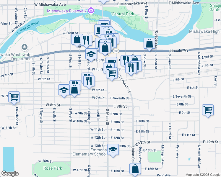 map of restaurants, bars, coffee shops, grocery stores, and more near 108 East 6th Street in Mishawaka