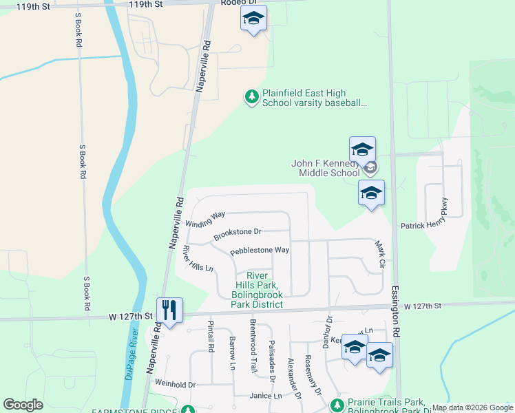 map of restaurants, bars, coffee shops, grocery stores, and more near 1209 Winding Way in Bolingbrook