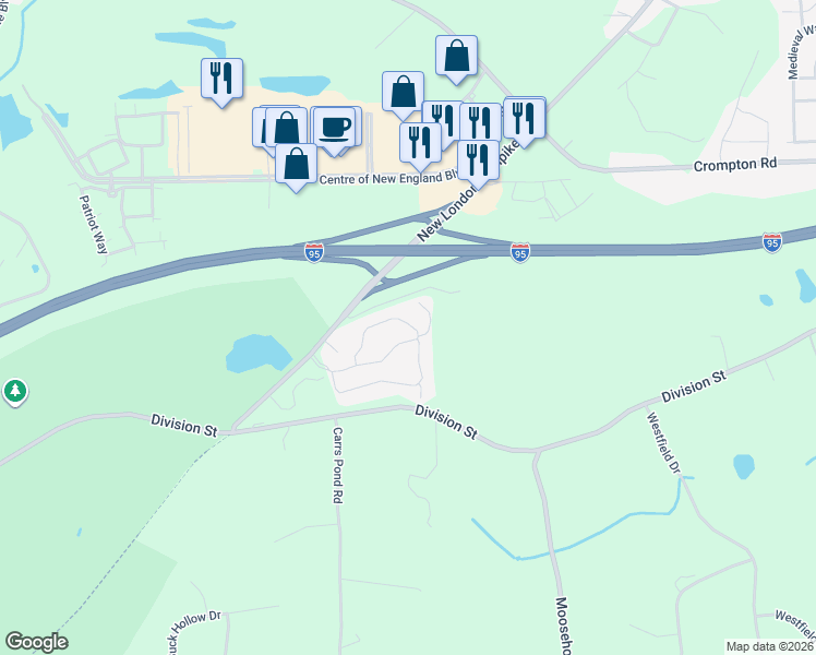 map of restaurants, bars, coffee shops, grocery stores, and more near 37 Pine Grove Lane in West Greenwich