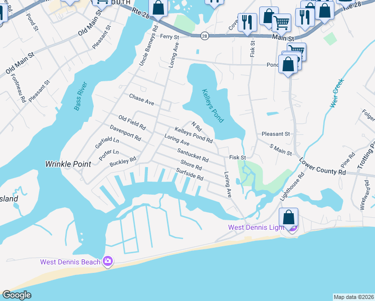 map of restaurants, bars, coffee shops, grocery stores, and more near 45 Santucket Road in Dennis