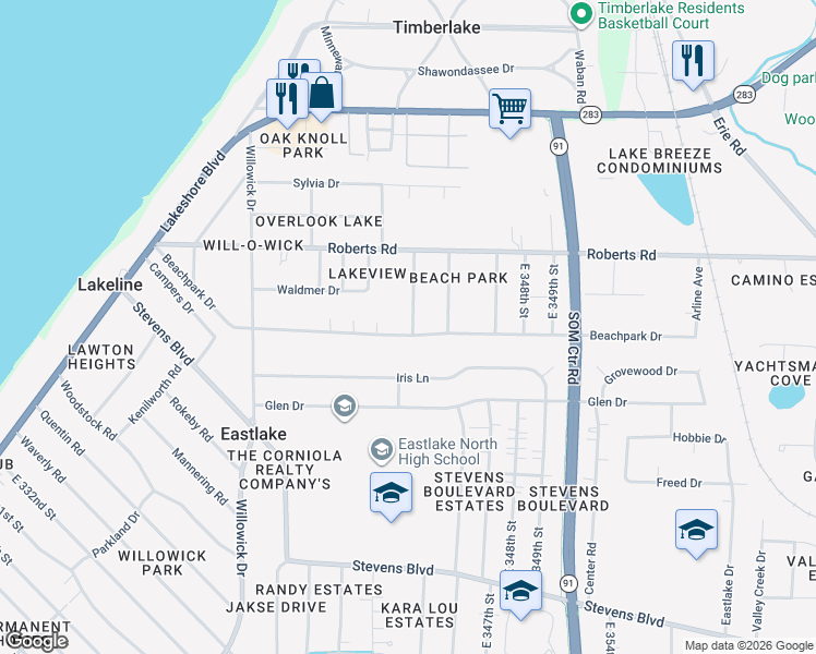 map of restaurants, bars, coffee shops, grocery stores, and more near 34408 Beachpark Drive in Eastlake