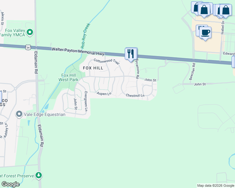 map of restaurants, bars, coffee shops, grocery stores, and more near 1418 Aspen Lane in Yorkville