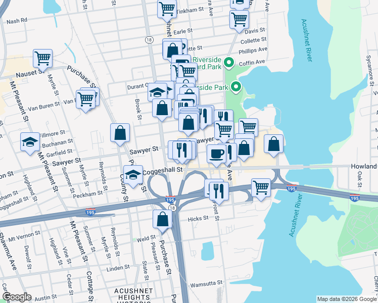 map of restaurants, bars, coffee shops, grocery stores, and more near 1162 Acushnet Avenue in New Bedford