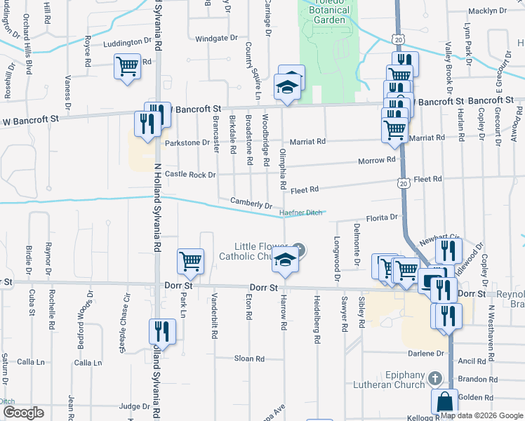 map of restaurants, bars, coffee shops, grocery stores, and more near 1755 Olimphia Road in Toledo