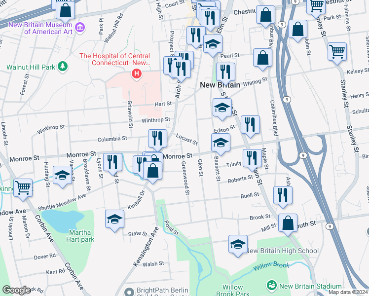 map of restaurants, bars, coffee shops, grocery stores, and more near 51 Greenwood Street in New Britain