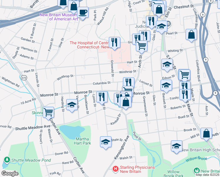 map of restaurants, bars, coffee shops, grocery stores, and more near 170 Monroe Street in New Britain
