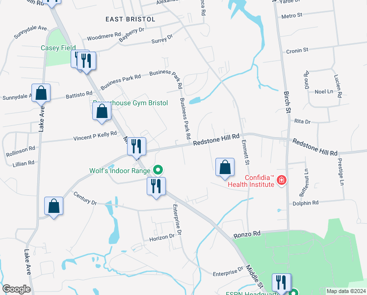 map of restaurants, bars, coffee shops, grocery stores, and more near 35 Commerce Drive in Bristol
