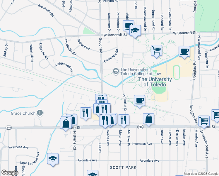 map of restaurants, bars, coffee shops, grocery stores, and more near 1735 West Rocket Drive in Toledo