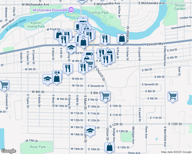 map of restaurants, bars, coffee shops, grocery stores, and more near 125 East 6th Street in Mishawaka