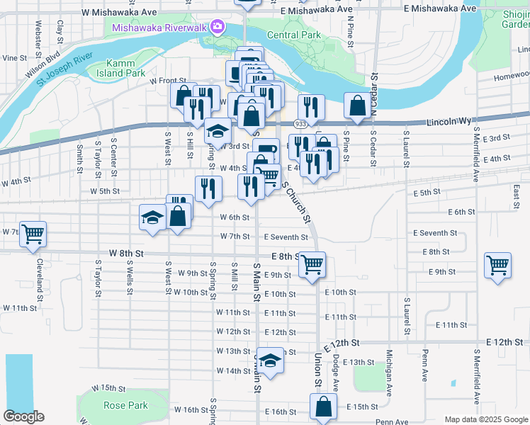 map of restaurants, bars, coffee shops, grocery stores, and more near 125 East 6th Street in Mishawaka