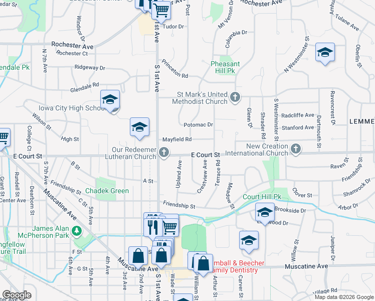 map of restaurants, bars, coffee shops, grocery stores, and more near 406 Upland Avenue in Iowa City