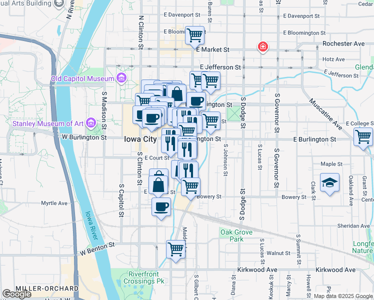 map of restaurants, bars, coffee shops, grocery stores, and more near 404 South Gilbert Street in Iowa City