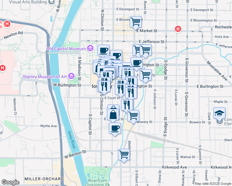 map of restaurants, bars, coffee shops, grocery stores, and more near in Iowa City