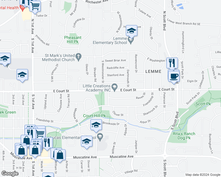 map of restaurants, bars, coffee shops, grocery stores, and more near 2920 East Court Street in Iowa City