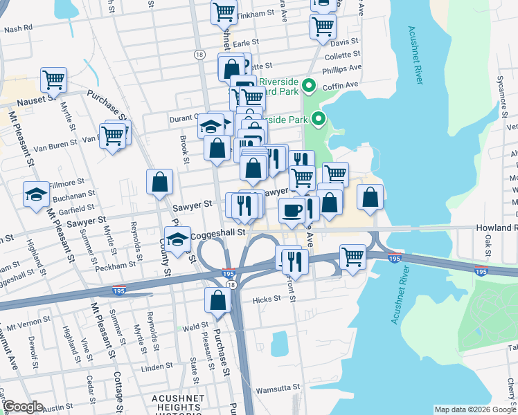 map of restaurants, bars, coffee shops, grocery stores, and more near 1162 Acushnet Avenue in New Bedford