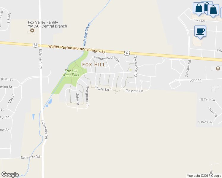 map of restaurants, bars, coffee shops, grocery stores, and more near 1418 Aspen Lane in Yorkville