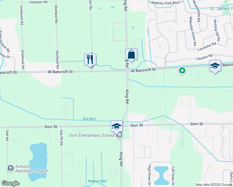 map of restaurants, bars, coffee shops, grocery stores, and more near 2015 King Road in Toledo