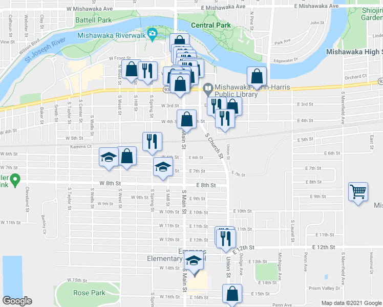 map of restaurants, bars, coffee shops, grocery stores, and more near 112 East 6th Street in Mishawaka