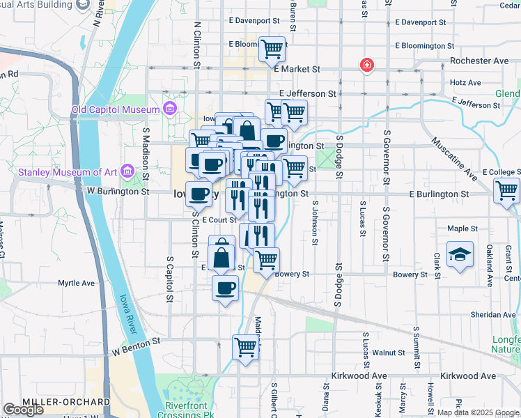 map of restaurants, bars, coffee shops, grocery stores, and more near 333 South Gilbert Street in Iowa City