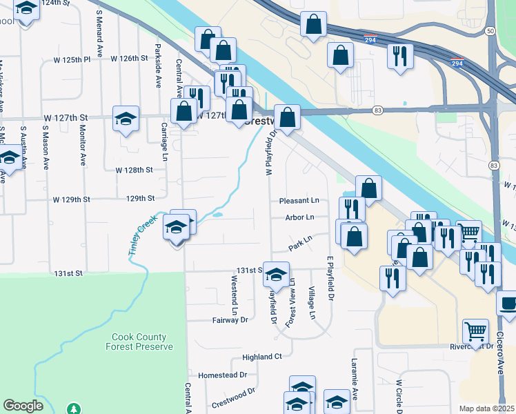 map of restaurants, bars, coffee shops, grocery stores, and more near 12930 West Playfield Drive in Crestwood