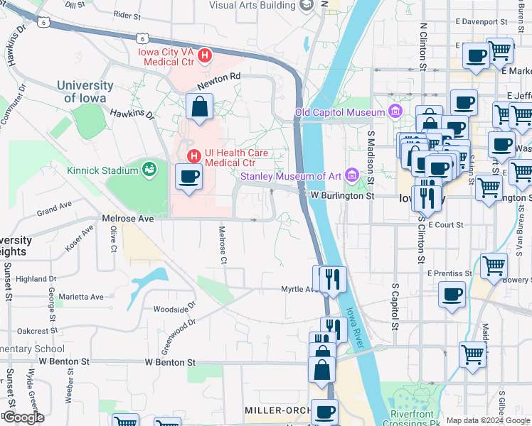 map of restaurants, bars, coffee shops, grocery stores, and more near 320 Melrose Avenue in Iowa City