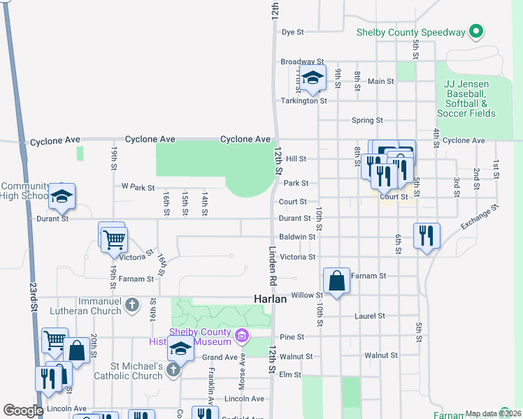 map of restaurants, bars, coffee shops, grocery stores, and more near 1211 Durant St in Harlan