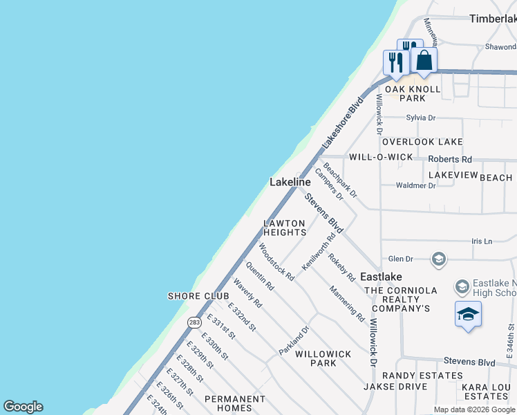map of restaurants, bars, coffee shops, grocery stores, and more near 33515 Lakeshore Boulevard in Lakeline