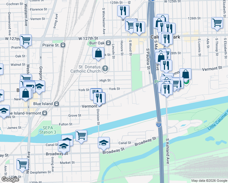 map of restaurants, bars, coffee shops, grocery stores, and more near 1856 Vermont Street in Blue Island