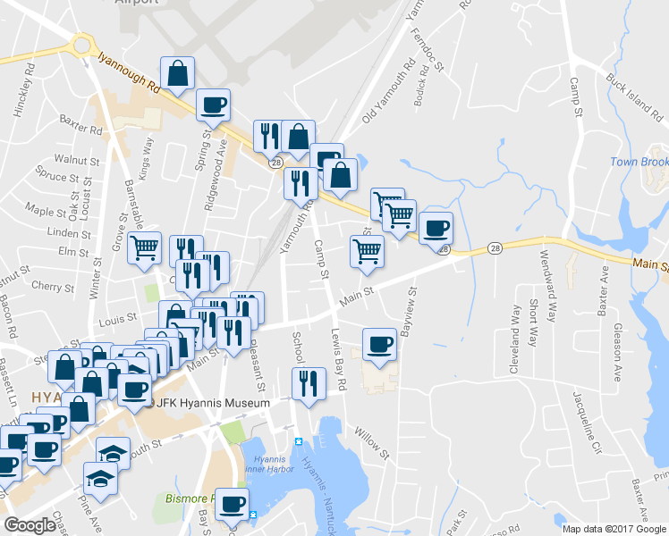 map of restaurants, bars, coffee shops, grocery stores, and more near 26 Camp Street in Barnstable