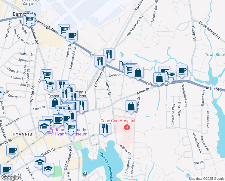 map of restaurants, bars, coffee shops, grocery stores, and more near 48 Camp Street in Barnstable
