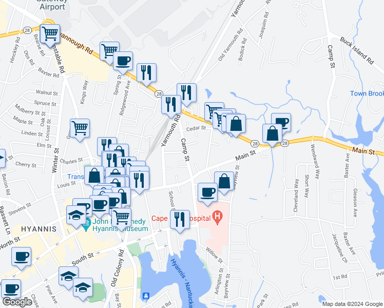 map of restaurants, bars, coffee shops, grocery stores, and more near 48 Camp Street in Barnstable