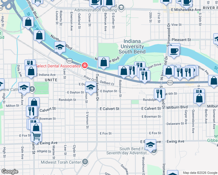 map of restaurants, bars, coffee shops, grocery stores, and more near 1721 Caroline Street in South Bend