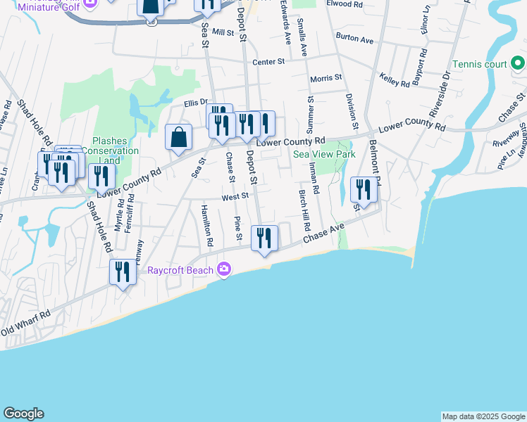 map of restaurants, bars, coffee shops, grocery stores, and more near 22 Depot Street in Dennis