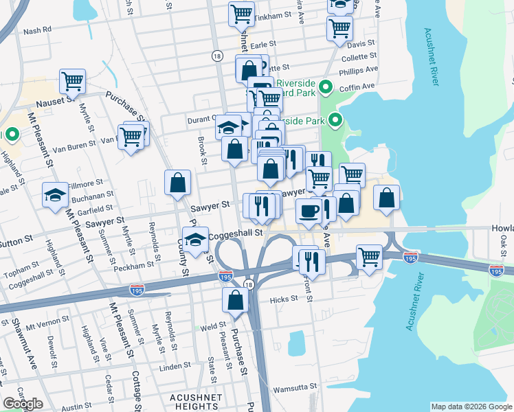 map of restaurants, bars, coffee shops, grocery stores, and more near 9 Bentley Street in New Bedford