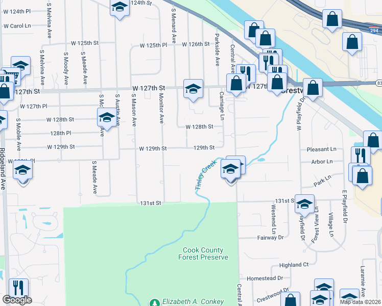 map of restaurants, bars, coffee shops, grocery stores, and more near 5739 129th Street in Crestwood