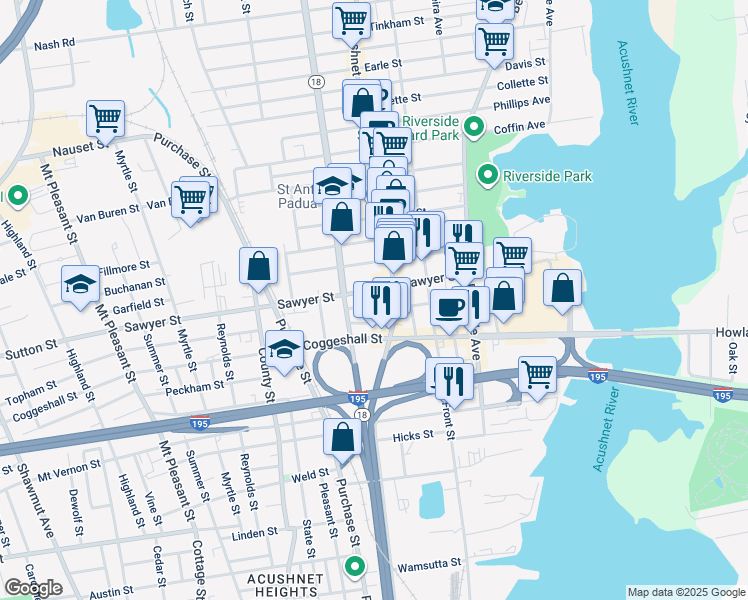 map of restaurants, bars, coffee shops, grocery stores, and more near 9 Bentley Street in New Bedford