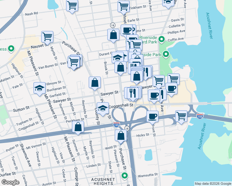 map of restaurants, bars, coffee shops, grocery stores, and more near 13 Jean Street in New Bedford