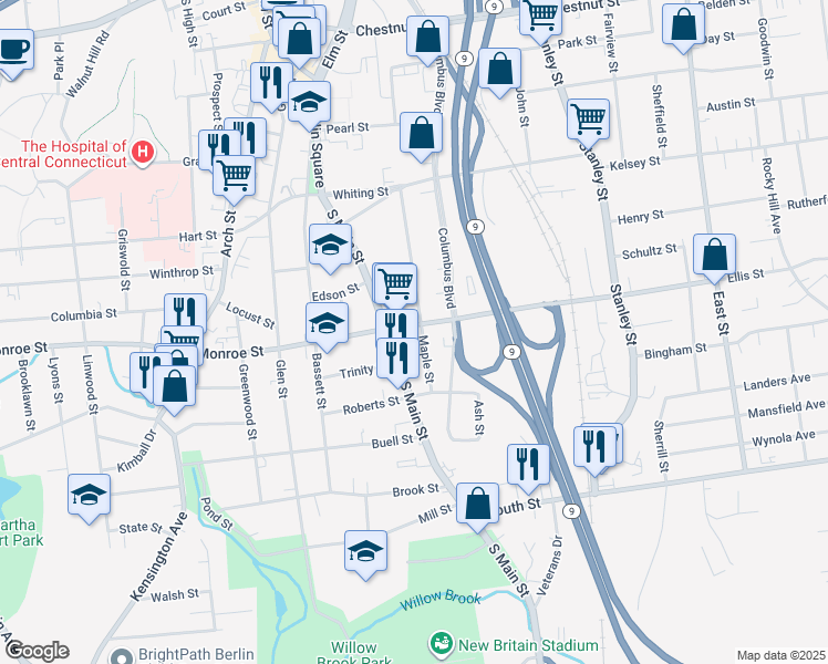 map of restaurants, bars, coffee shops, grocery stores, and more near 304 Maple Street in New Britain