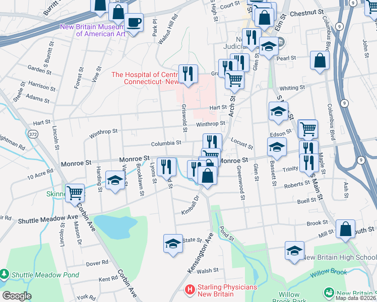 map of restaurants, bars, coffee shops, grocery stores, and more near 170 Monroe Street in New Britain