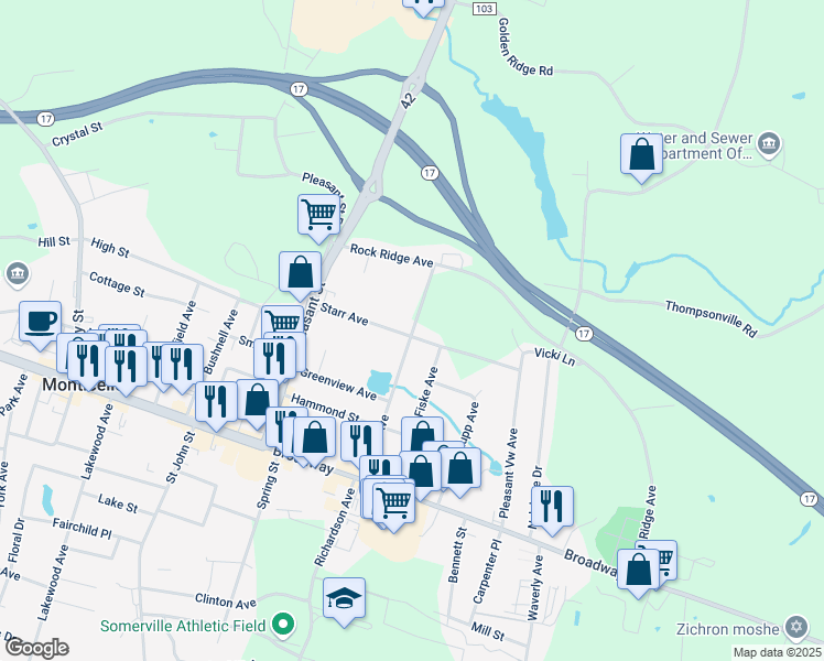 map of restaurants, bars, coffee shops, grocery stores, and more near 48 Starr Avenue in Monticello