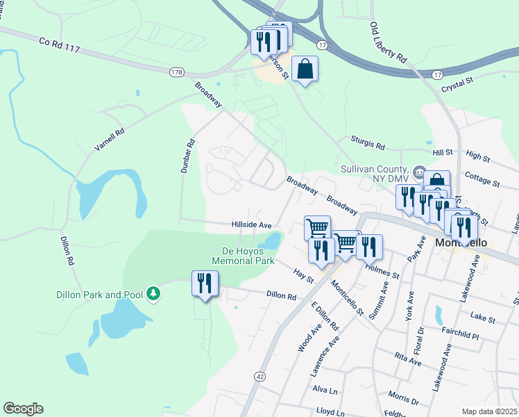 map of restaurants, bars, coffee shops, grocery stores, and more near 30 Hillside Avenue in Monticello