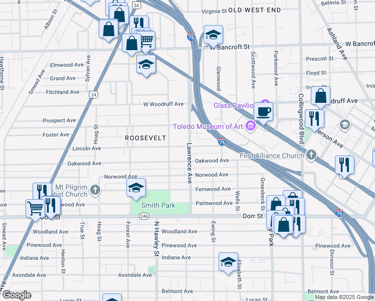 map of restaurants, bars, coffee shops, grocery stores, and more near 914 Oakwood Avenue in Toledo