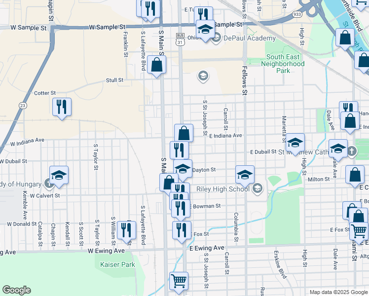 map of restaurants, bars, coffee shops, grocery stores, and more near 1725 S Michigan St in South Bend