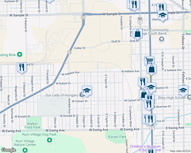 map of restaurants, bars, coffee shops, grocery stores, and more near 1635 South Scott Street in South Bend