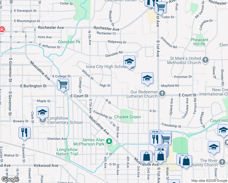 map of restaurants, bars, coffee shops, grocery stores, and more near 1815 East Court Street in Iowa City