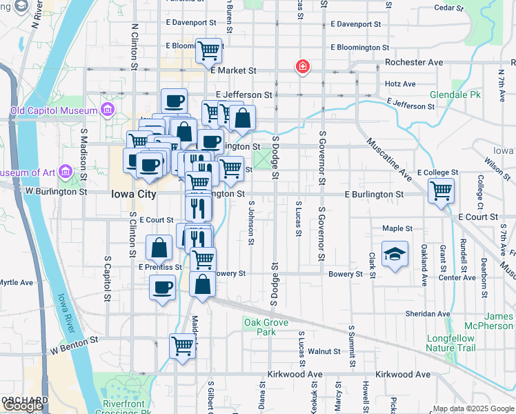 map of restaurants, bars, coffee shops, grocery stores, and more near 404 South Johnson Street in Iowa City