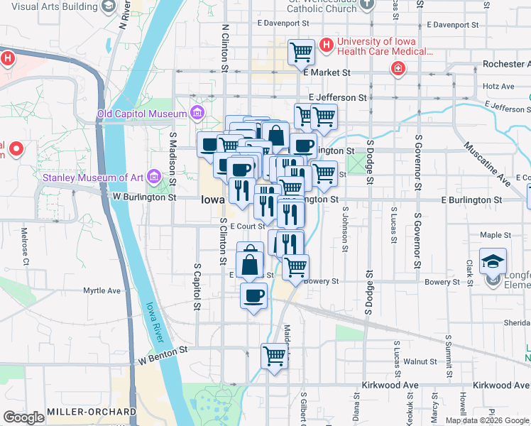 map of restaurants, bars, coffee shops, grocery stores, and more near 402 South Linn Street in Iowa City