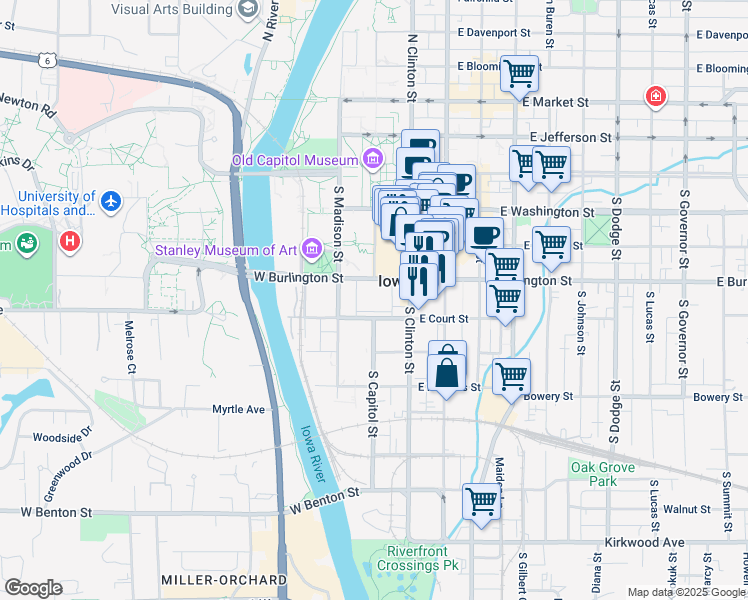 map of restaurants, bars, coffee shops, grocery stores, and more near in Iowa City