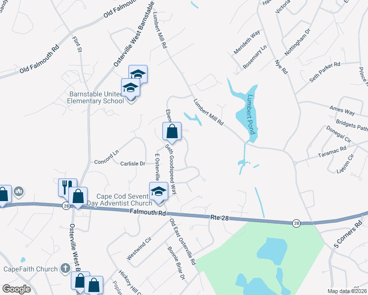 map of restaurants, bars, coffee shops, grocery stores, and more near 216 Ebenezer Road in Barnstable