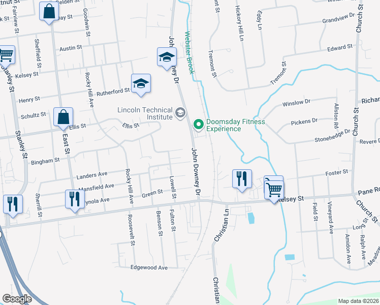 map of restaurants, bars, coffee shops, grocery stores, and more near 99 John Downey Drive in New Britain